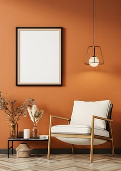 The living room features orange walls, with a chair and table made of wood. A picture frame hangs on the wall, while a plant adds a touch of greenery to the interior design