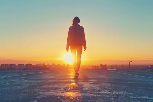 A woman is strolling on a rooftop overlooking the beach at sunset, surrounded by the tranquil atmosphere of dusk. She watches as people on the beach enjoy the afterglow, feeling happy and at peace