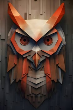 Abstract illustration: Wooden owl head on a background of a wooden wall. Art