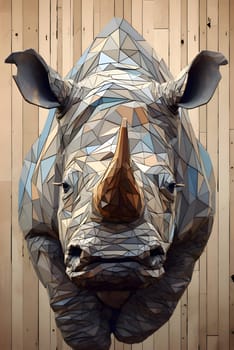 Abstract illustration: Low poly rhinoceros on a wooden background. 3d rendering