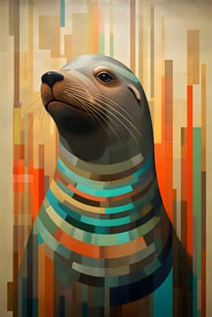 Abstract illustration: Sea lion portrait. Vector illustration. Colorful background with stripes.