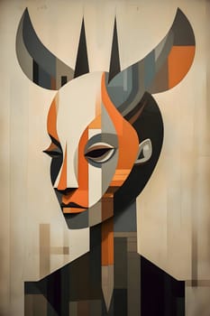 Abstract illustration: Abstract portrait of a girl with a deer head on a wooden background