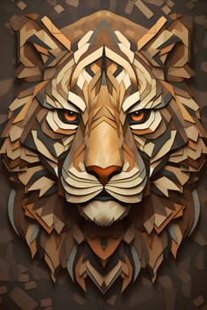 Abstract illustration: Lion head with a geometric pattern on a wooden background. Vector illustration.