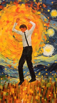 Abstract illustration: Young man dancing in the night city. Illustration in oil.