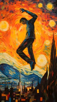Abstract illustration: Original oil painting on canvas of young man dancing in the city at sunset