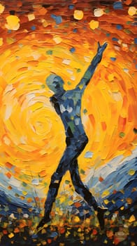 Abstract illustration: Abstract oil painting of a young man dancing in the rays of the sun