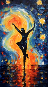 Abstract illustration: Modern painting of a young woman dancing in the sky with stars.