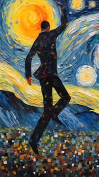 Abstract illustration: Oil painting of a man in a suit on a background of the sun