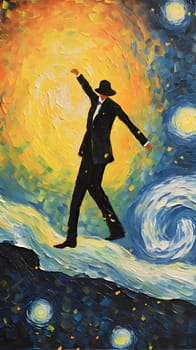 Abstract illustration: Original oil painting of a man in a suit and hat on the background of the sunset