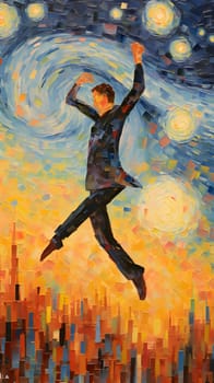 Abstract illustration: Dancing man in the night city. Illustration in oil.