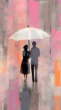 Abstract illustration: Couple in love under an umbrella in the rain. Digital painting.