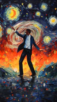 Abstract illustration: Artistic oil painting of a young man in a suit dancing.