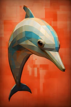 Abstract illustration: Abstract low poly dolphin on a red background. 3D rendering.