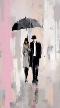 Abstract illustration: Elegant couple with umbrella in the rain. Digital painting.