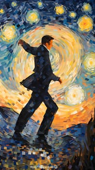 Abstract illustration: Illustration of a man in a business suit running in the sunset