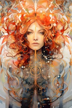 Abstract illustration: Portrait of a beautiful red-haired girl with long curly hair.