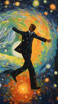 Abstract illustration: Illustration of a man running in a tunnel of colorful lights.