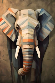 Abstract illustration: Elephant head with multicolor geometric pattern, digital painting.