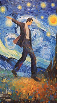 Abstract illustration: A young man in a business suit dancing in the night sky.