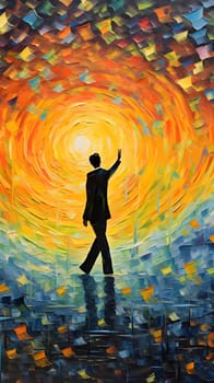 Abstract illustration: Silhouette of a businessman standing in front of a colorful sun