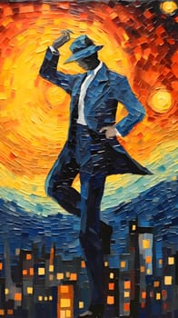 Abstract illustration: Original oil painting of a man in a suit and hat on canvas.