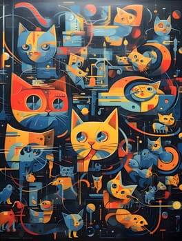 Abstract illustration: Seamless pattern with funny cats on a dark background. Vector illustration.