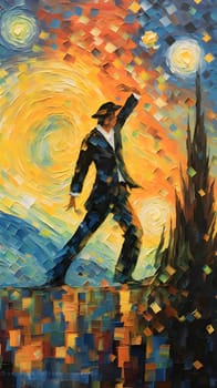 Abstract illustration: Original oil painting of a man in a suit and hat dancing in the sun