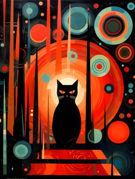 Abstract illustration: Abstract background with black cat on a red orange background. Vector illustration.
