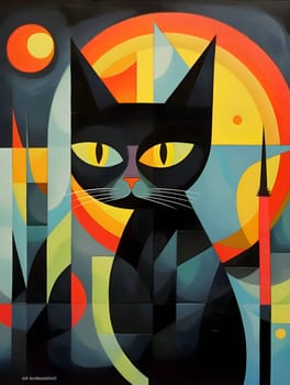 Abstract illustration: Abstract background with black cat and colorful geometric shapes. Vector illustration.