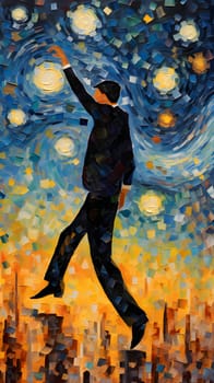 Abstract illustration: Abstract painting of a young man dancing in the night city. Modern art collage.