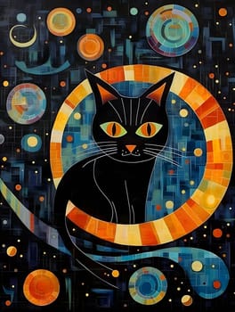 Abstract illustration: Black cat on the background of the night sky with stars and circles