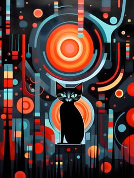 Abstract illustration: Abstract background with black cat and colorful geometric shapes. Vector illustration.