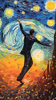 Abstract illustration: Businessman jumping in the night sky with sun and clouds, oil painting