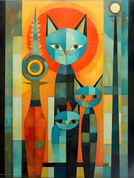 Abstract illustration: abstract painting with cat and cat in the style of cubism