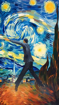 Abstract illustration: Young man dancing in the park at night. Oil painting on canvas.