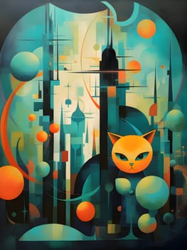Abstract illustration: Vector illustration of a cat in the city. Colorful background.