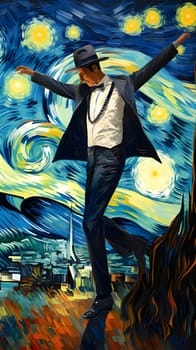 Abstract illustration: illustration of a man in the night sky on a background of the city