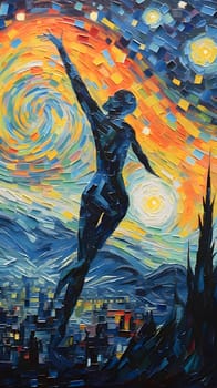 Abstract illustration: Artistic oil painting of a woman standing on a rock in the city.