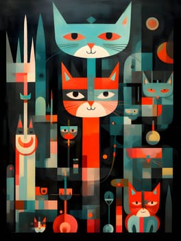 Abstract illustration: Artistic abstract background with cats and geometric shapes. Vector illustration.