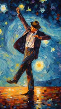 Abstract illustration: Oil painting of a man in a hat dancing at sunset. Vector illustration.