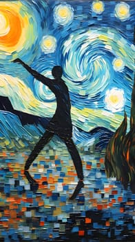 Abstract illustration: Dancing man in the night city. Oil painting on canvas.