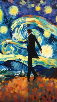 Abstract illustration: Businessman walking on the top of a hill with a view of the night sky