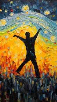 Abstract illustration: Painting of a man with his hands up on the background of the sun