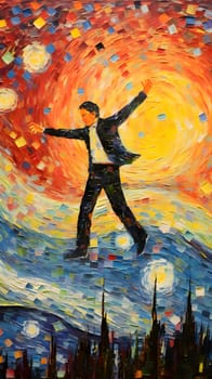 Abstract illustration: Dancing man on the background of the night city. Oil painting