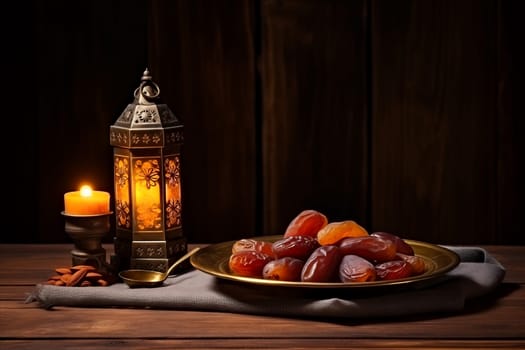 Ramadan lantern with a plate of succulent figs on dark background, set on an ornate table with intricate designs, evoking the rich traditions and serene moments of the holy month