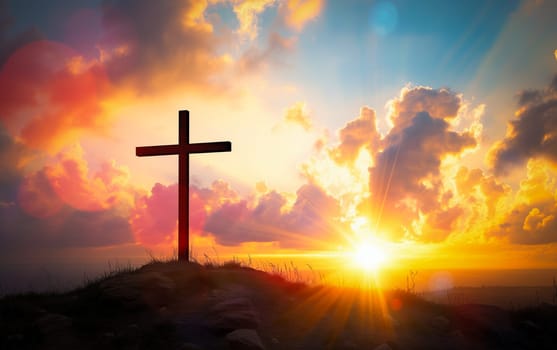 Easter concept cross on Golgotha Calvary hill against a dramatic sunset