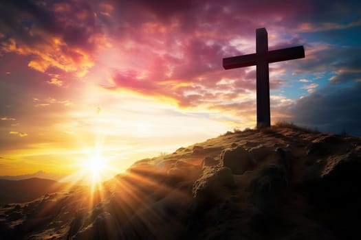 Easter concept cross on Golgotha Calvary hill against a dramatic sunset