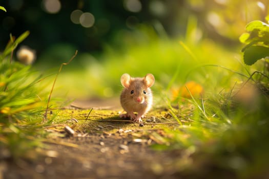 Cute mouse with large ears, exploring the vibrant green grass on a sunny day