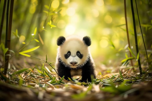 Cute panda cub in a lush bamboo grove, The image showcases the beauty and serenity of nature and wildlife. Endangered species