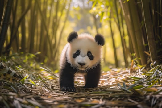 Cute panda cub in a lush bamboo grove, The image showcases the beauty and serenity of nature and wildlife. Endangered species